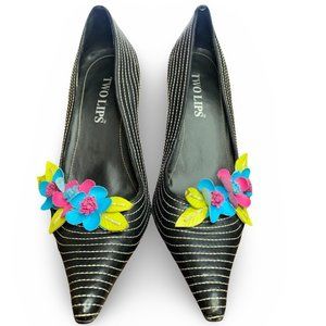 Two Lips Black & White Stitched Multi-Color Flower Accent Stiletto Heel 8 1/2